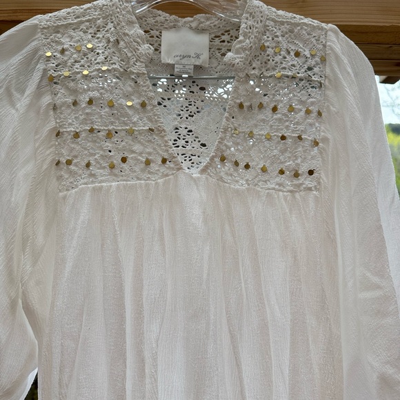 Aryn K. Anthropologie White Gold Crocheted Gauze Embellished Boho Blouse medium - Picture 1 of 15